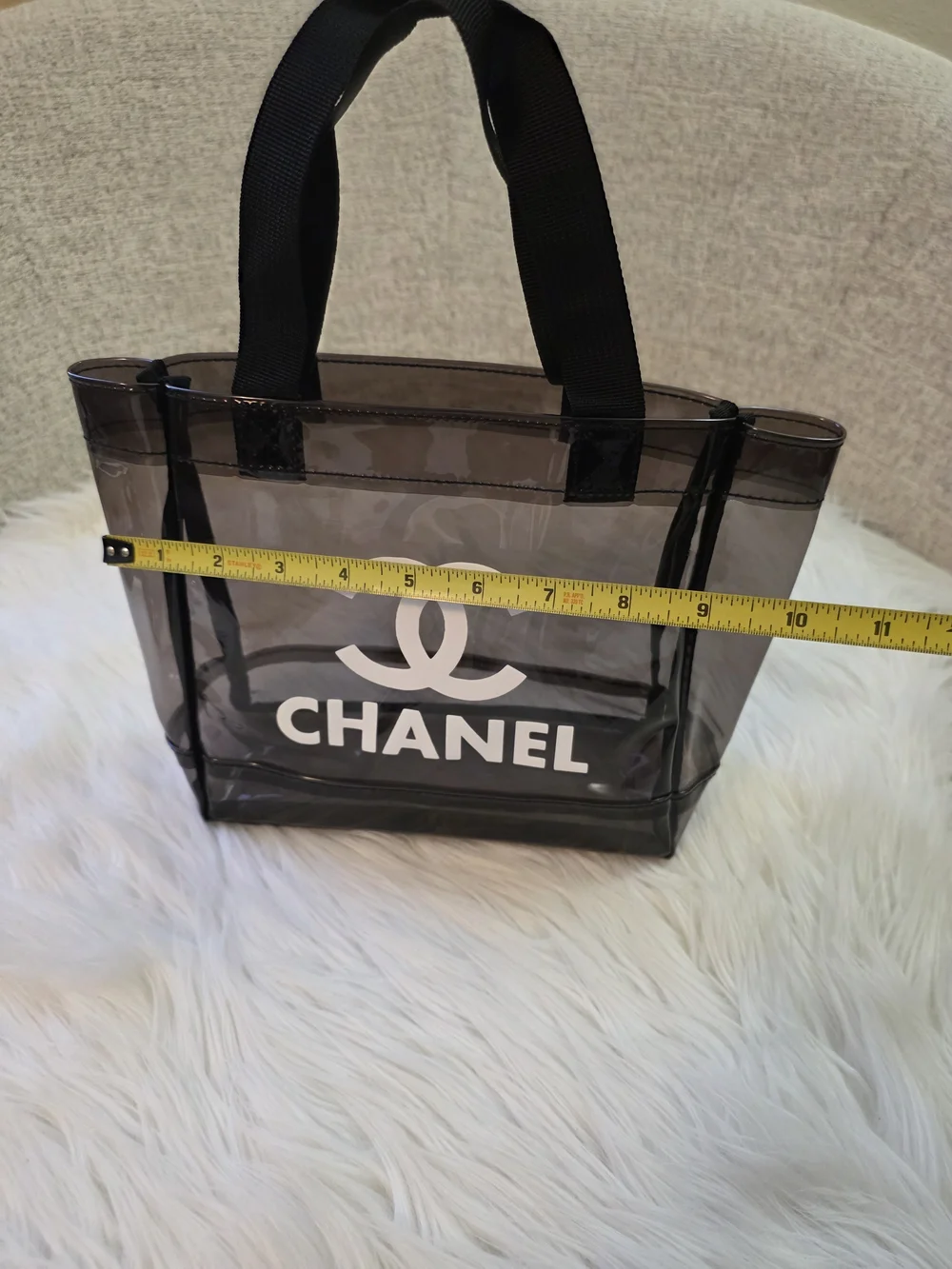 Clear Black Tote Bag with Signature Logo and Scarf Accent